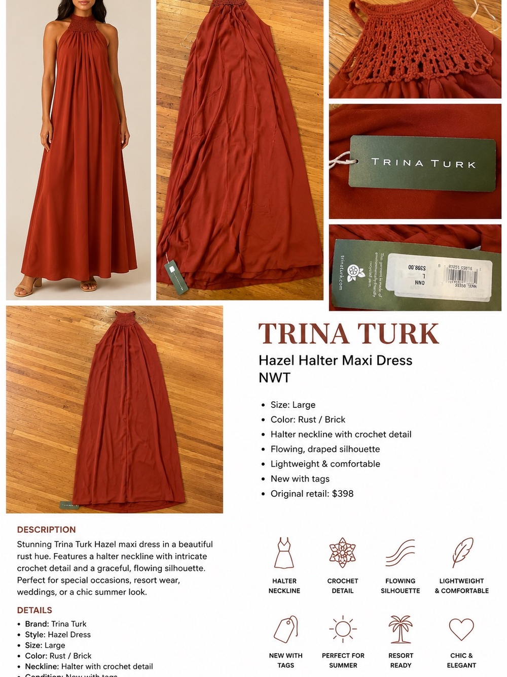 Trina Turk Rust Halter Maxi Dress